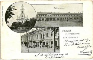 1899 Sátoraljaújhely, vasútállomás, templom, Hivatal, Gireth Mihály üzlete, Kassai Műmalom Képviselete, kiadja Szabó Erzsike