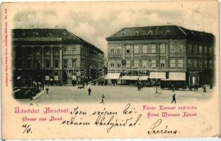 1899 Arad, Fehér Kereszt szálloda, Ernyei Gyula és Prinner V. üzlete, fogorvosi műterem, lóvasút / hotel, shops, omnibus (EK)