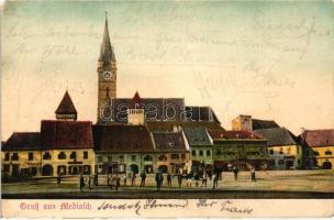 Medgyes, Mediasch; tér, templom, J. B. Theil üzlete / square, church, shop (EM)