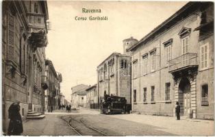 Ravenna, Corso Garibaldi / street, urban railway with train (EK)