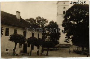 Svedlér, Svedlár; utca, templom, 2 db / street, church, 2 photos (ragasztónyom / gluemark)