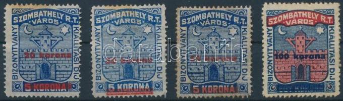 1922 Szombathely város kiállítási díj bizonyítvány 20K, 30K, 50K, 100K (23.000)