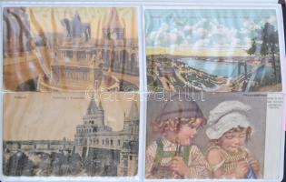 96 db RÉGI motívumlap albumban, vegyes minőség;  főleg üdvözlő, színész, művész / 96 old motive cards in album, mixed quality; mostly greeting, actors, actresses, art