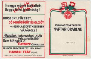 1942-1943 Iskolaszövetkezeti naptárórarend, rajta "Hangya" és más reklámos szövegekkel, kitöltetlen