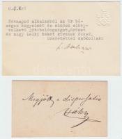 Gróf Csáky Károly és Mesterházy Ambrus m.kir.kormánytanácsos aláírása névjegykártyájuk hátoldalán, 2 db