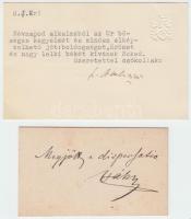 Gróf Csáky Károly és Mesterházy Ambrus m.kir.kormánytanácsos aláírása névjegykártyájuk hátoldalán, 2 db