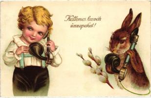 Easter, child with rabbit talking on the telephone, W.S.S.B. 8206. litho