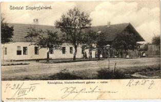 Szapáryfalva, Tipari; Községháza, Hitelszövetkezeti gabonaraktár, kiadja Naschitz László fényképész / town hall, grain bins