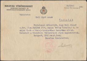 1942 Bp., A Magyar Vöröskereszt Központi tudósító- és Hadifogolygyámolító Irodájának értesítése katonai eltűnéséről