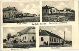 Gyér, Giera; vasútállomás, Községháza, Gyertyánfy Andor kastély, kiadja A. Weiser  / town hall, castle, railway station