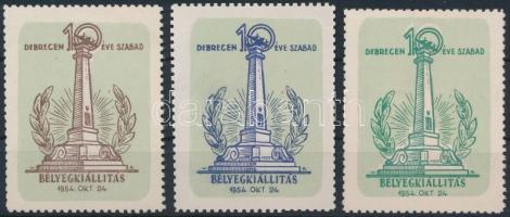 1954 Debrecen 10 éve szabad Bélyegkiállítás 3 db-os levélzáró sor