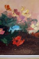 Tóth Rozália (1946-2015): Virágcsendélet. Olaj, farost, jelzett, keretben, 40×80 cm