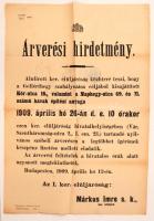 1909 Bp., Az I. kerület elöljárósága által kiadott árverési hirdetmény a gellérthegyi rendezés során lebontott házak anyagával kapcsolatban, 47x32 cm