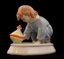 Zsolnay búgócsigás kislány, porcelán, kézzel festett, jelzett, hibátlan, 12x15cm