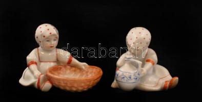 Zsolnay játszó kislányok, porcelán, kézzel festett, jelzett, hibátlan, 2db, cca 7x6cm