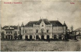 Léva, Levice; Kossuth tér, Városháza, Lang Központi Kávéháza, Kovács Sándor üzlete  / square, town hall, cafe, shop (r)