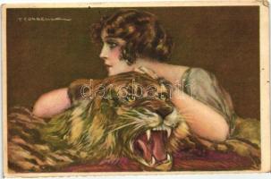 Italian art postcard, lady with tiger, Anna &amp; Gasparini 371-5. s: T. Corbella (wet damage)