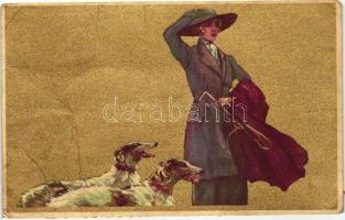 Golden Italian art postcard, lady with dog, Anna &amp; Gasparini 113-4. s (fa)