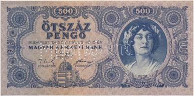 1945. 500P "K 000 - 000000" sorozat és sorszámmal, "MINTA" perforációval, orosz "P" helyett magyar "N" T:II / Hungary 1945. 500 Pengő with "K 000 - 000000" serial number and "MINTA" (SPECIMEN) perforation, Hungarian "N" instead of Russian "P" C:XF Adamo P19M1ah