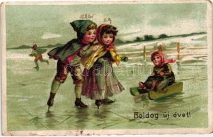 New Year, ice skating children, K. Ph. W. II. No. 198. litho (EK)