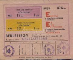 Színházi bérlet a Madács Színházba (1971/1972) és Belépőjegy a Vizsolyi Református templomba