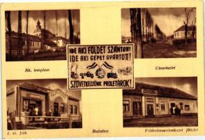 1953 Balaton, utca, Földmívesszövetkezet főüzlete és I. sz. fiókja, Ide aki földet szántott! Ide aki gépet gyártott! Szövetkezzünk proletárok (ragasztónyom / gluemark)