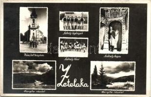 Zetelaka, Mozaiklap székely népivselettel / Transylvanian folklore, multi-view