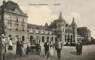 Temesvár, Timisoara; Indóház, vasútállomás, montázs autóval / railway station, automobile, montage  (r)