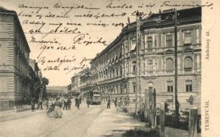 Temesvár, Timisoara; Andrássy út, villamos, kiadja Moravetz és Weisz / street, tram