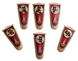 Szovjetunió 1980. 6 db klf. Olimpiai jelvény, rajtuk sportágak az olimpiai kabalával (57x27mm) T:2 Soviet Union 1980. 6pcs diff. Olympic badges with the mascot doing sports (57x27mm) C:XF