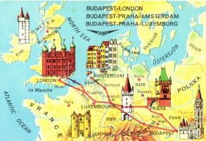 6 db MALÉV térképes reklám képeslap jó állapotban / 6 Hungarian Airlines advertising postcards, good...