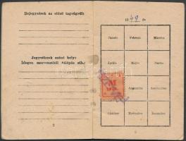 1949 Tagsági könyv, Dolgozó Parasztok és földmunkások Országos Szövetsége, bélyeggel, pp.:12, 10x7cm