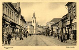 Nagyvárad, Rákóczi út, üzletek, magyar zászlók / street, shops, Hungarian flags