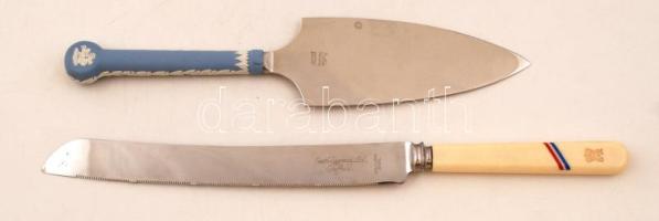 Wedgwood porcelán nyelű tortalapát, jelzett, hibátlan, csontnyelű reszelős kés, jelzett, Sheffield pengével, h:26 és 32 cm