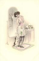Erotic lady with cat, M. Munk Vienne Nr. 412. s: R.Rössler