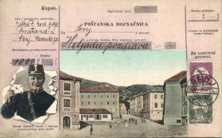 Senj, Zengg; Fő tér, Postai átutalási megbízás, postás, humoros lap / Postanska Doznacnica / Postman, money orders cupon, humorous postcard (kis szakadás / small tear)