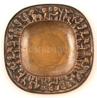 Tevan réz kis tálka, rezezett fém, jelzett, 15×15 cm