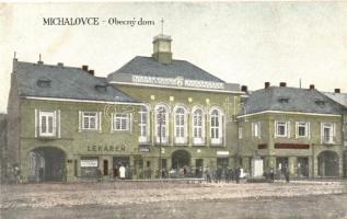 Nagymihály, Michalovce, Városháza, gyógyszertár, obecny dom / town hall, pharmacy, shops