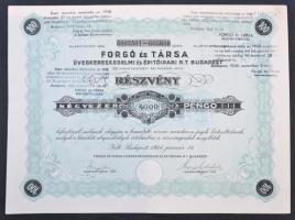 Budapest 1934. "Forgó és Társa Üvegkereskedelmi és Építőipari Részvénytársaság Budapest" részvénye 4000P-ről szelvényekkel, bélyegzésekkel, szárazpecséttel T:I-