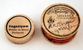 2 db régi gyógyszeres doboz(Borbély József Gyógyszertára a Reményhez Szeged, Molnár és Moser Budapest Fogselyem), d: 3,5 és 4,5 cm