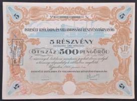 Újpest 1946. "Egyesült Izzólámpa és Villamossági Részvénytársaság" részvénye 500P-ről, felülbélyegzett, szárazpecséttel és szelvényekkel T:I-