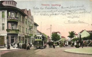 Temesvár, Timisoara; Józsefváros, Martin és Krémer üzlete, piac, villamos / shops, market, tram