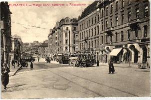 Budapest II. Margit körút, Rózsadomb a háttérben, villamosok, Wohlmuth A. üzlete