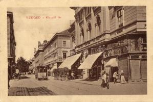 Szeged, Klauzál tér, Posz Alajos és Krausz M. üzlete, villamos (EK)