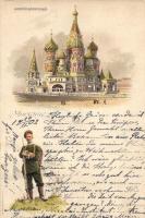 Moscow, Saint Basils Cathedral, Russian soldier, litho (fa)