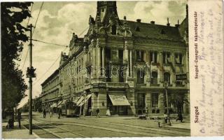 Szeged, Szeged-Csongrádi takarékpénztár, gyógyszertár, villamos (vágott / cut)