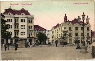 Temesvár, Timisoara; Józsefváros, Scudier tér, Piszika Sándor üzlete, villamos / square, shop, tram