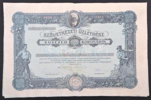 Csepreg 1923. "Hangya Fogyasztási és Értékesítő Szövetkezet" szövetkezeti üzletrész 1000K-ról, szelvényekkel T:II-