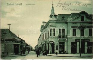 Léva, Levice; Kazinczy utca, Bars megyei népbank, Borcsányi és Csernák és Weil Jakab üzlete / street, bank, shops