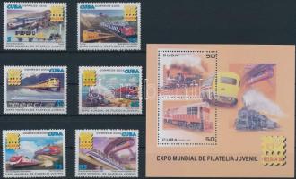 Railway; stamp exhibition set + block, Vonat; bélyegkiállítás sor + blokk